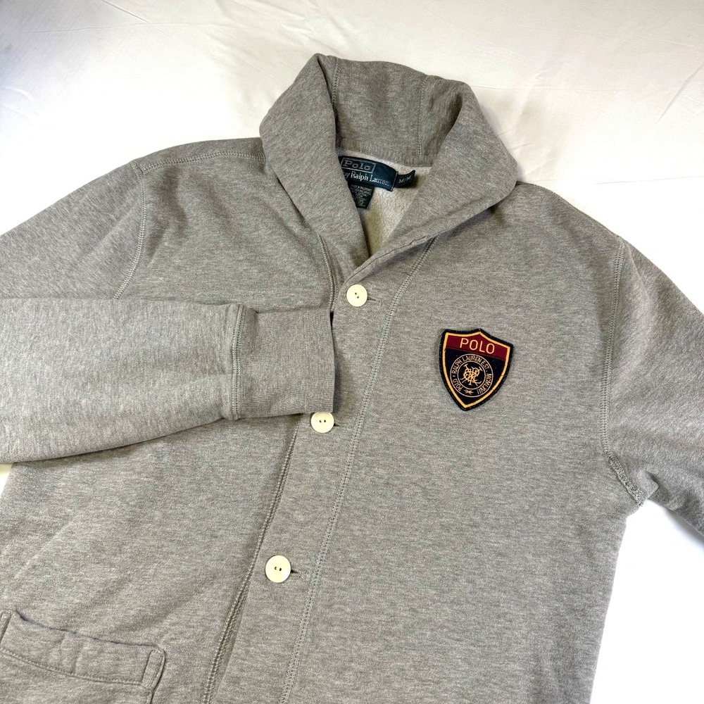 Vintage Polo Ralph Lauren Grey Cardigan Sweatshirt Crest Patch Men's‎ Size Med